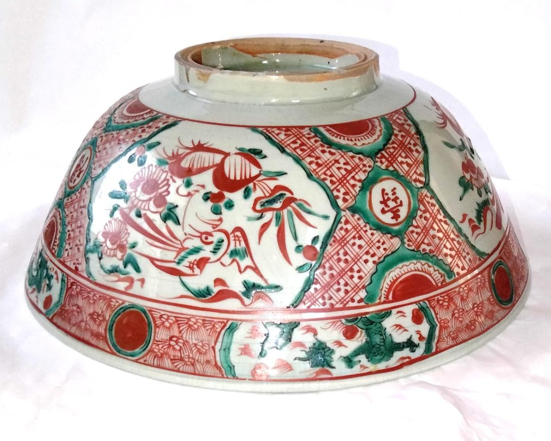 陶器 大深鉢 赤絵 福・壽・禄 Ab-168