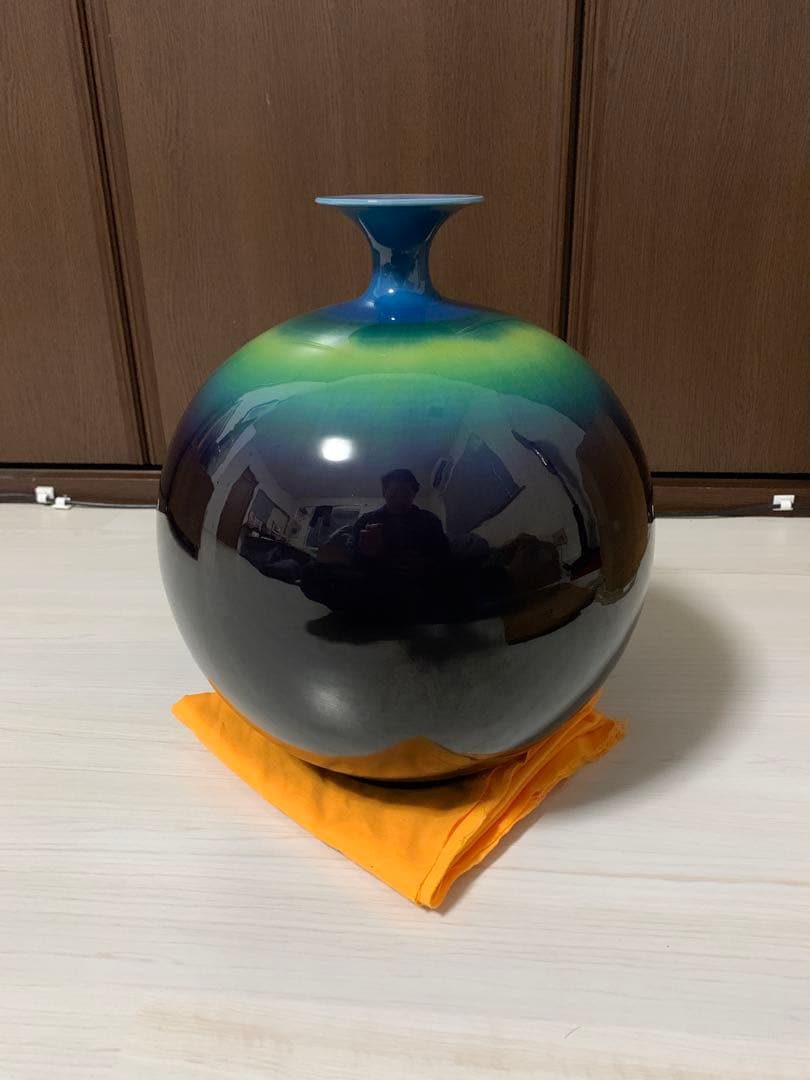 人間国宝 三代 徳田八十吉作 （正彦銘）特大 碧明釉 壺 管理T71 花器