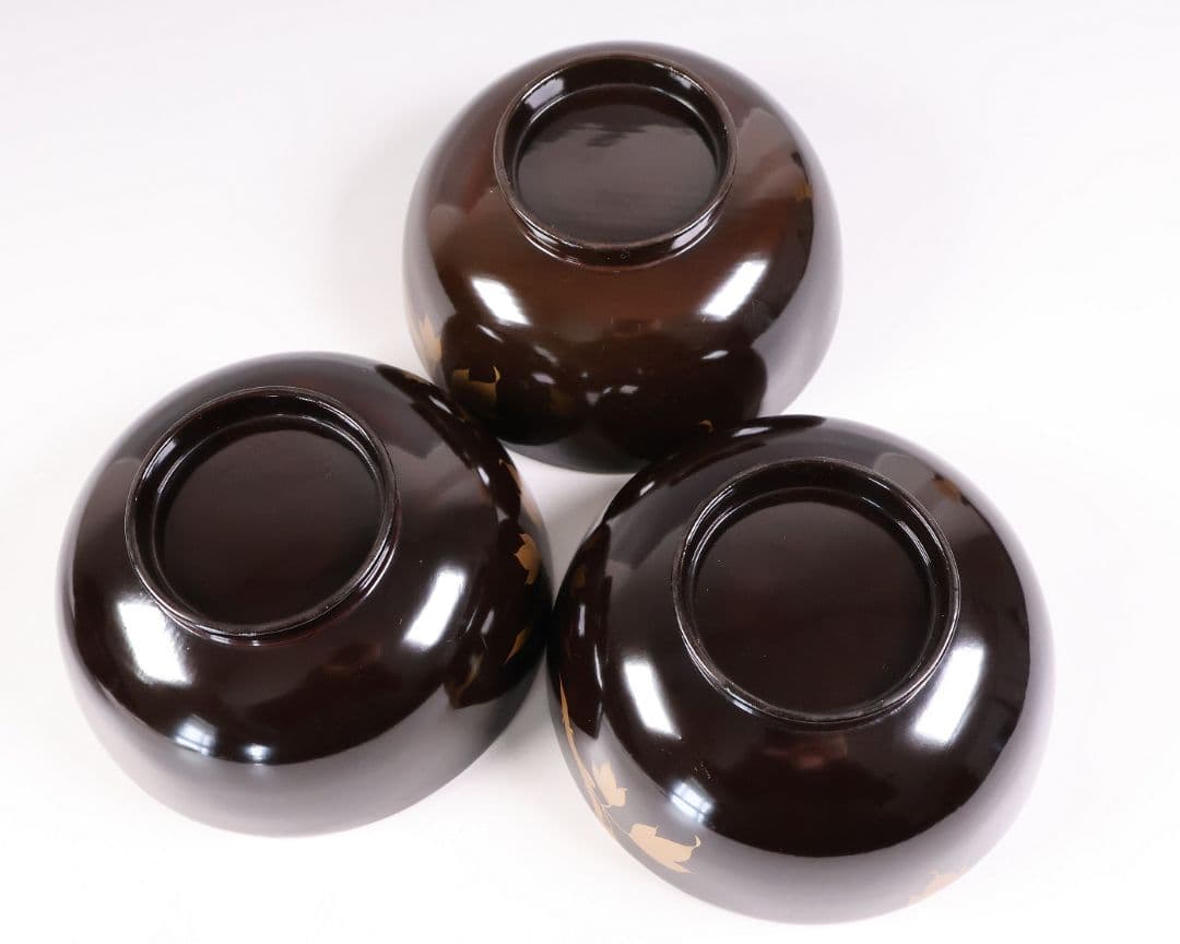 CM415】訳あり 時代輪島 蝶と牡丹 黒塗椀 三客 天然木漆塗 明治大正