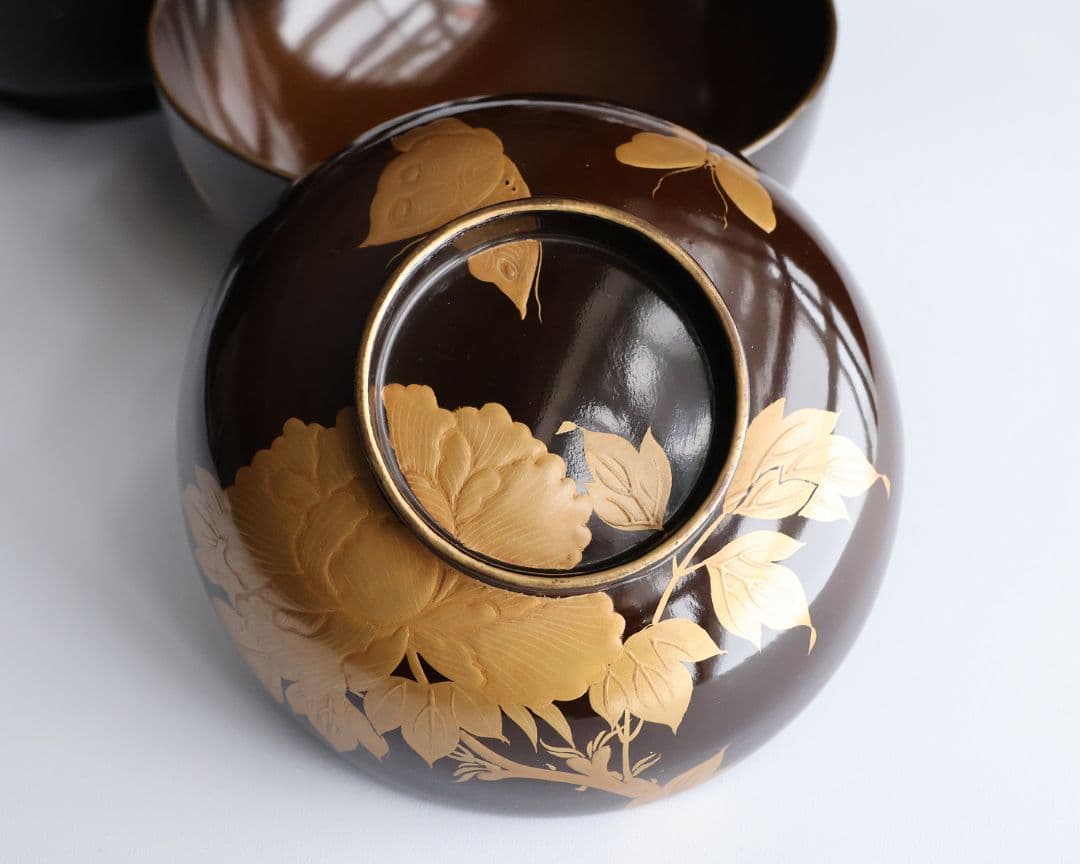 CM415】訳あり 時代輪島 蝶と牡丹 黒塗椀 三客 天然木漆塗 明治大正