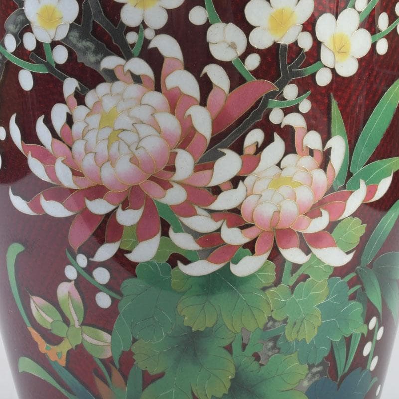 七宝焼　赤透釉　四君子文　花瓶　高さ約31㎝　V　9737A