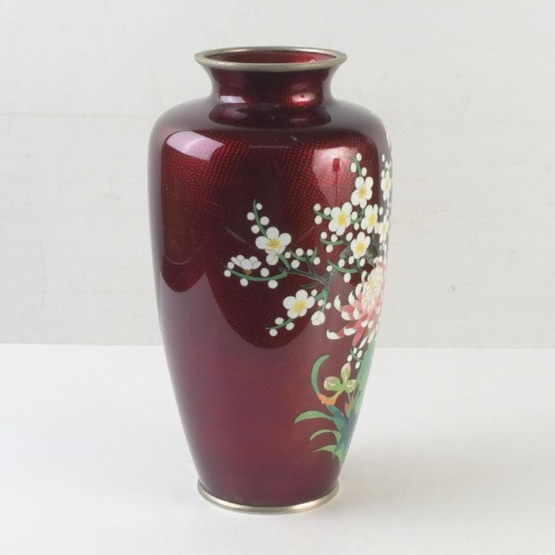 七宝焼　赤透釉　四君子文　花瓶　高さ約31㎝　V　9737A