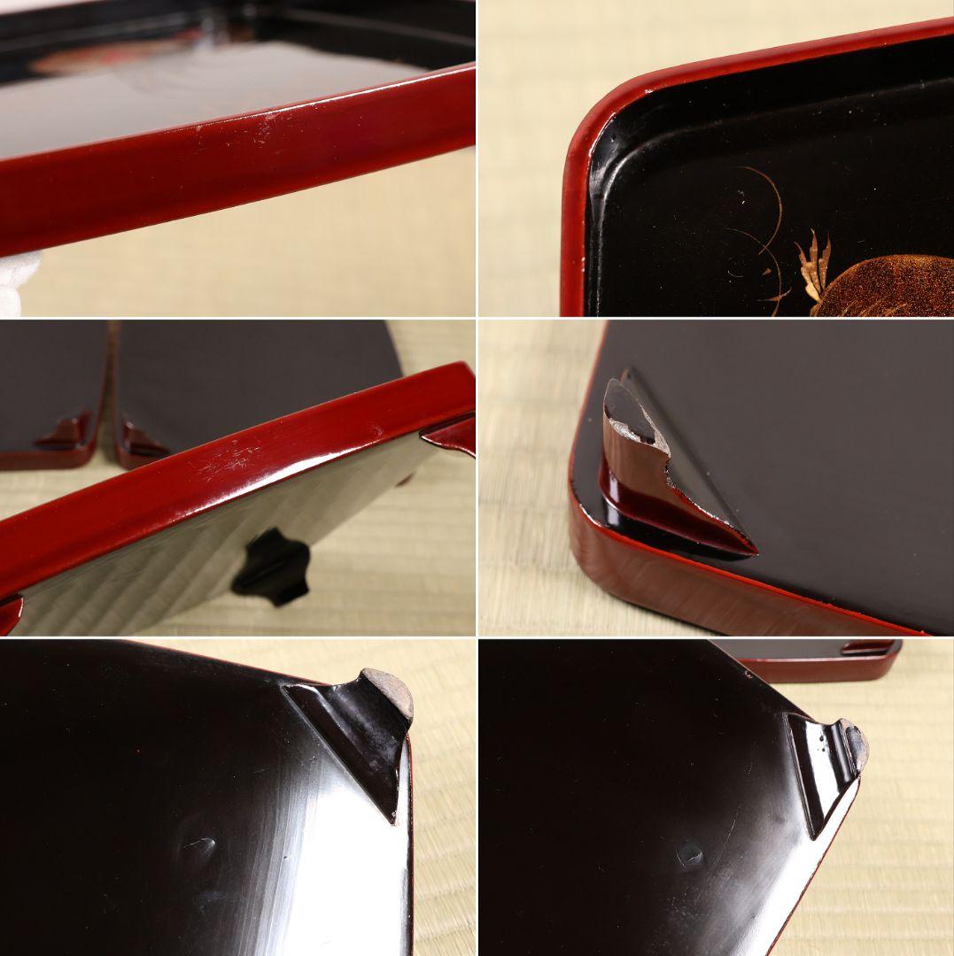 木製漆器 竹鶏蒔絵 吸物膳 五客 溜塗 黒塗 足付 四方膳 茶懐石 CM386