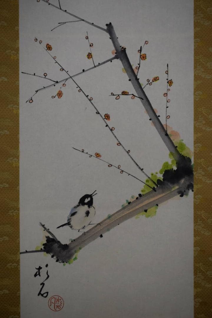 真作/近藤杉石/春眠不覚暁/梅に小禽図/桐共箱付/布袋屋掛軸HH-714