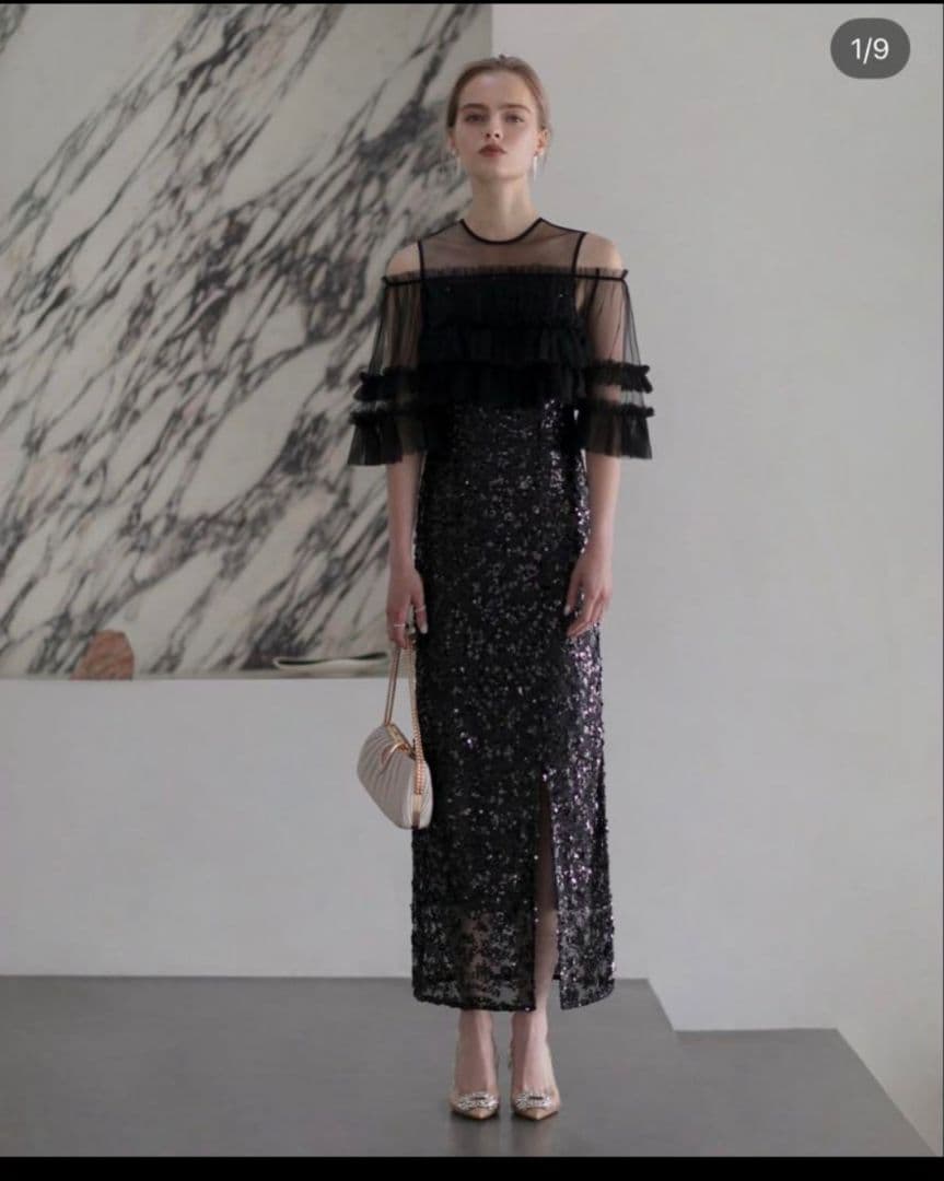 LEJA チュールフリルオフショルダースパンコール レジャ Leja チュールフリルオフショルダースパンコールIラインドレス