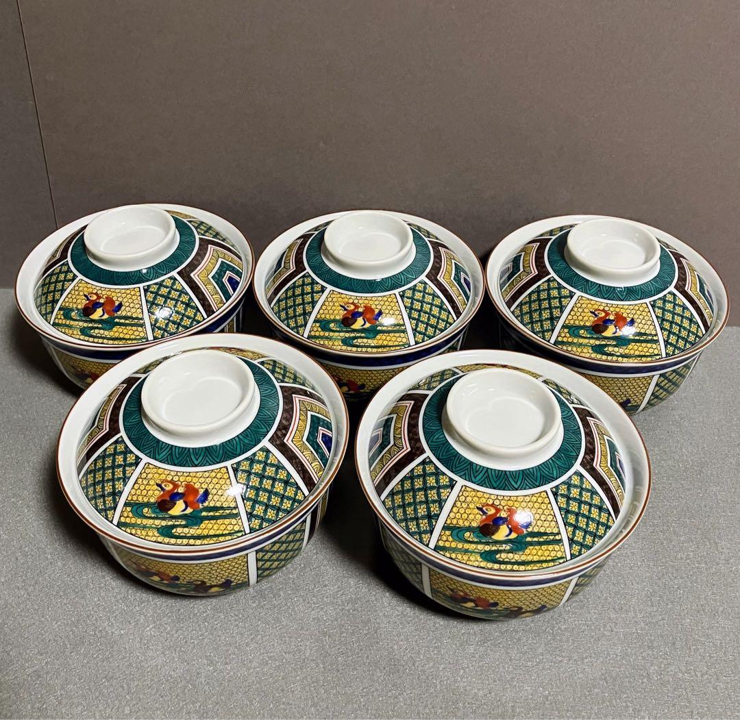 龍峯窯 古九谷手水禽文 蓋付き 雑煮碗 どんぶり 中鉢 5客