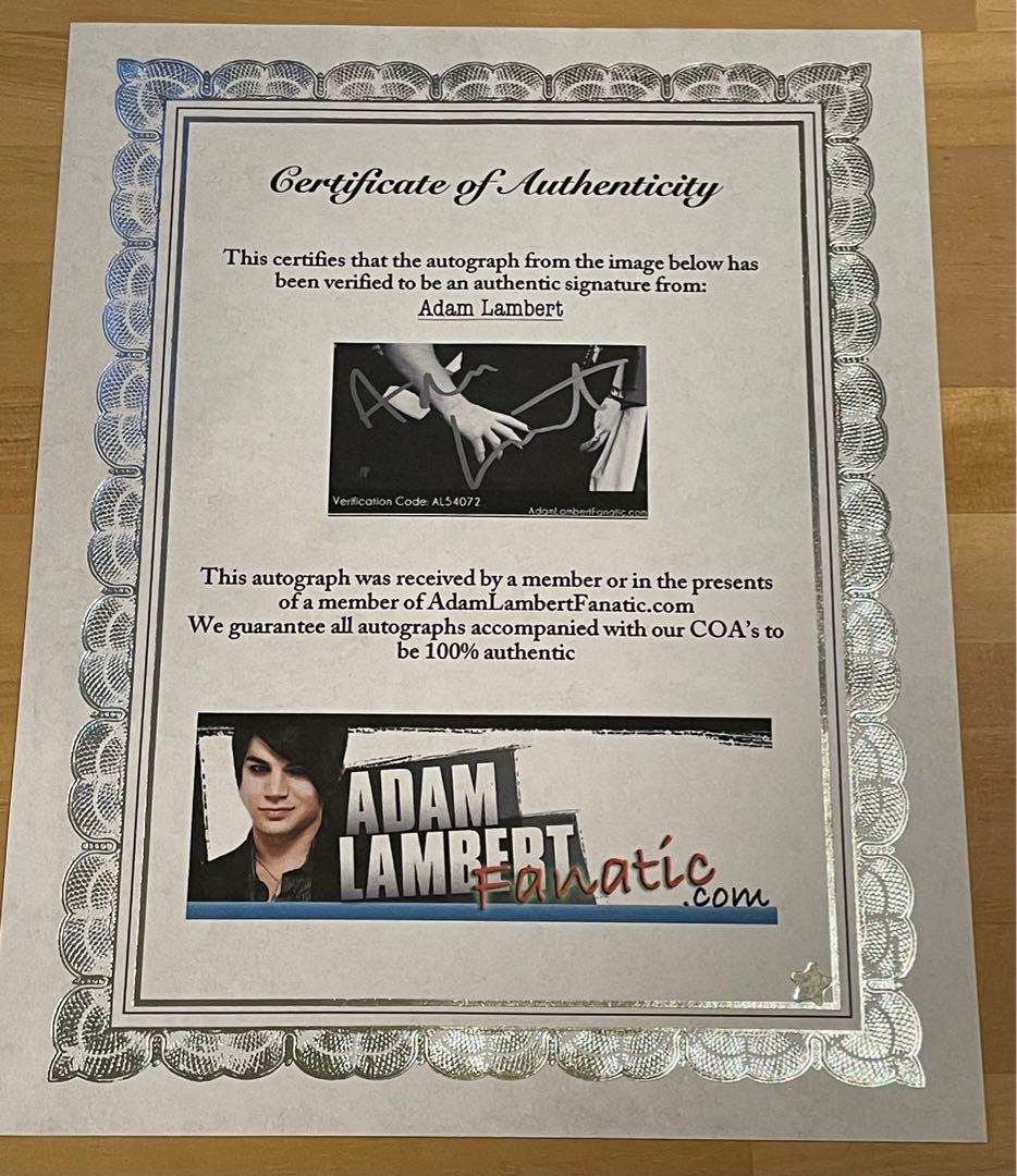 アダム•ランバート 直筆サイン入り写真 及び Certificate