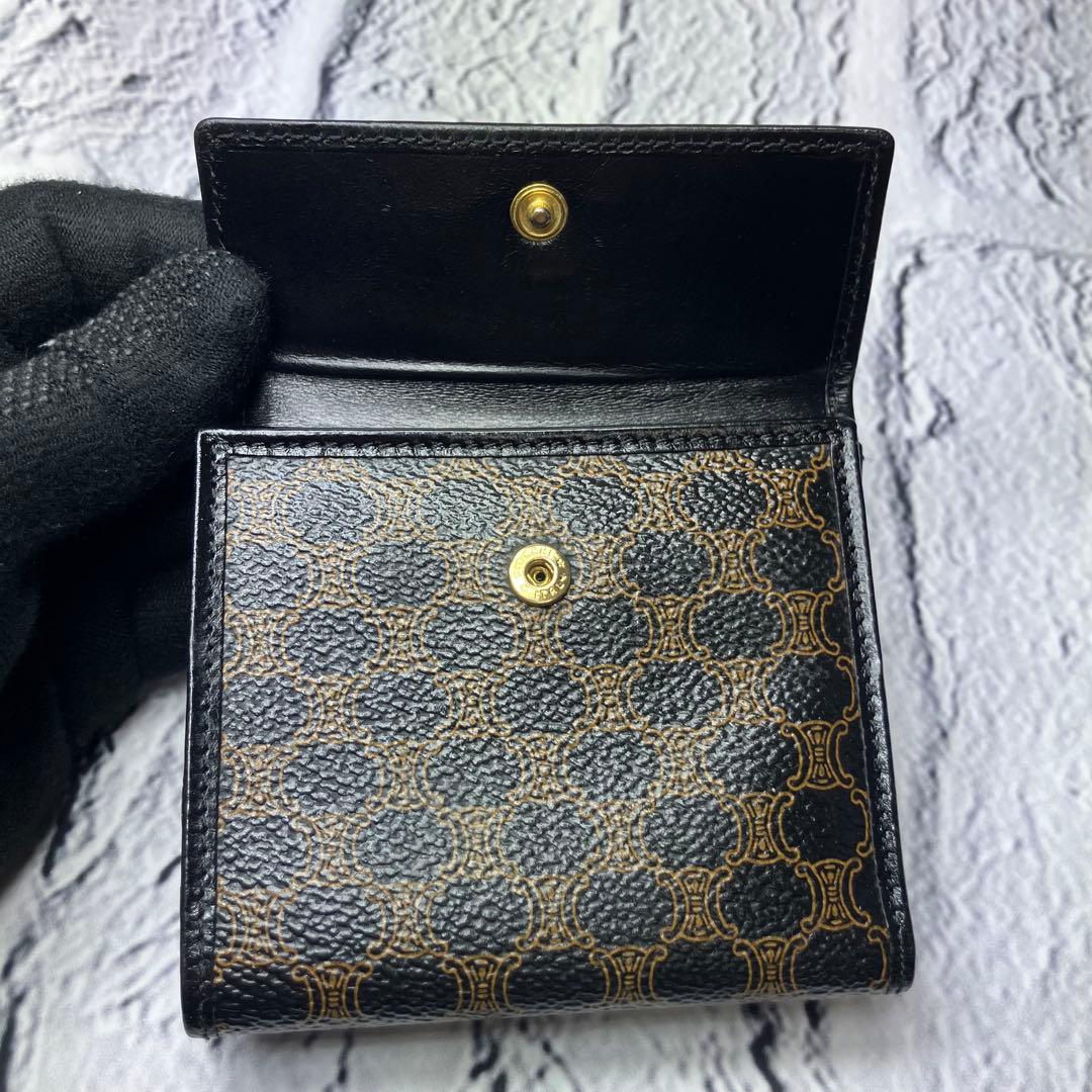 セリーヌ✨がま口 黒マカダム PVC レザー 本革 三つ折り財布