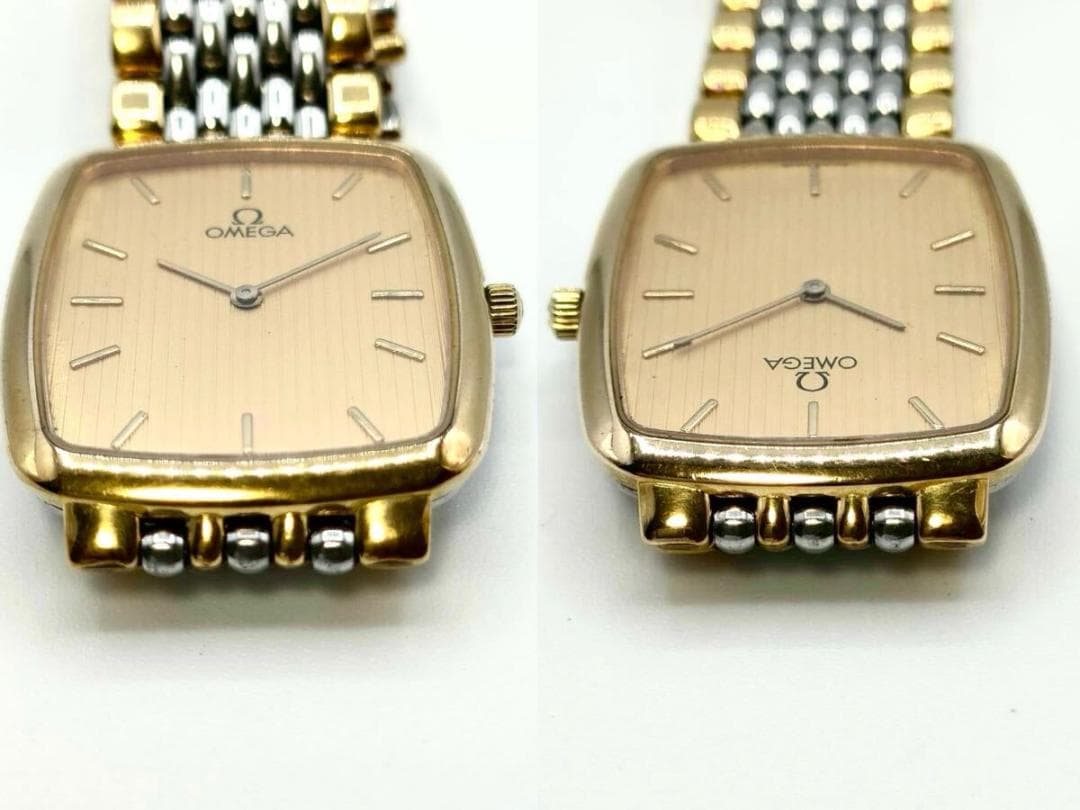 稼働品 OMEGA DeVille スクエア ゴールド文字盤 クォーツ コンビ