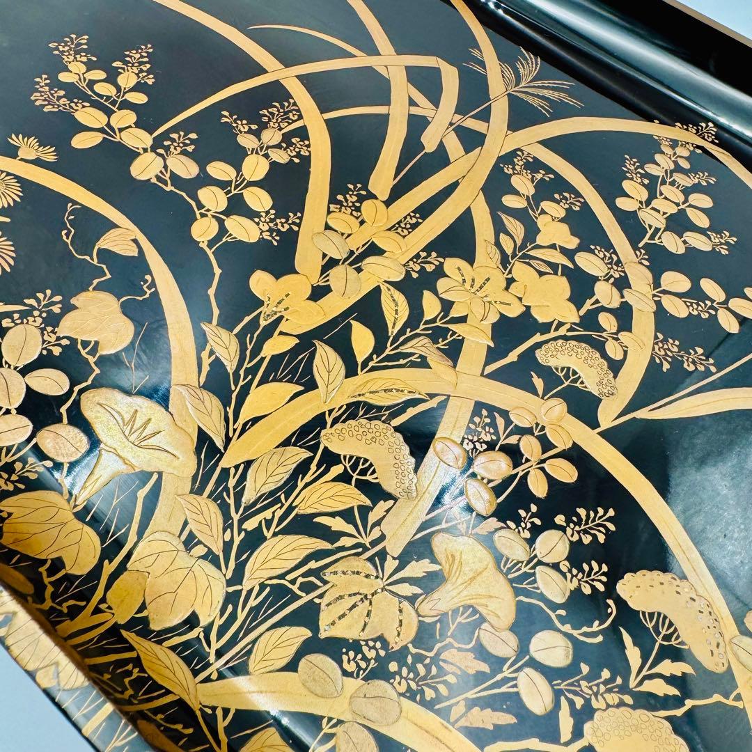 長野横笛 黒箪花蒔絵香盆 膳 卓】漆芸 木箱 伝統工芸 明治 京漆器 秋草
