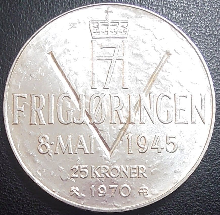 1970年 ノルウェー銀貨 25クローネ 開放25周年記念銀貨SV875大型銀貨