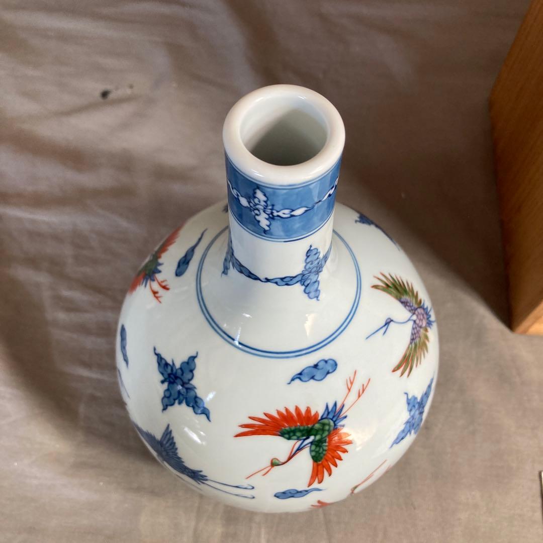 【源右衛門】古伊万里の伝統　日本の名窯　舘林源右衛門作　染錦舞鶴文　鶴首花瓶