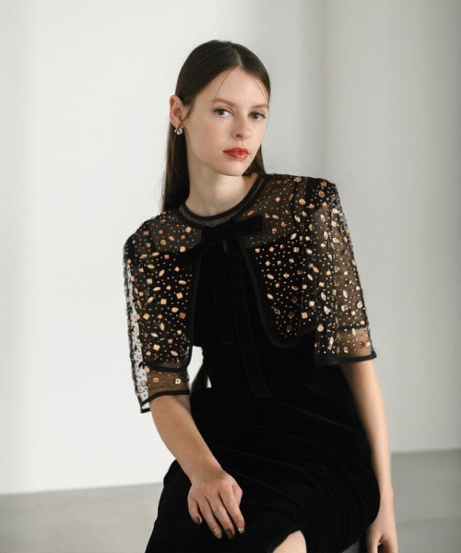 leja ビジューストーンボレロベロアスリットIラインドレスワンピース