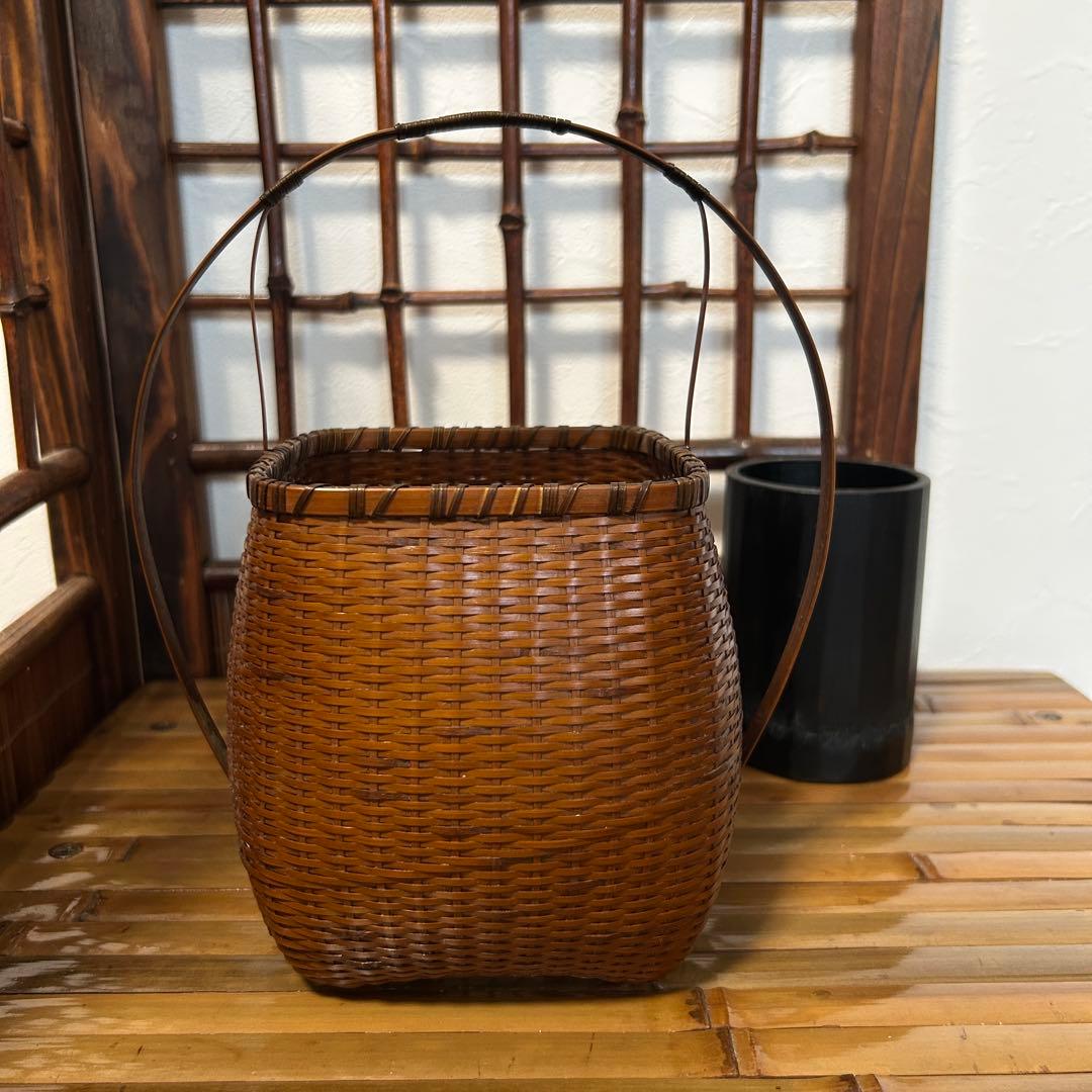 茶道具 桂籠 花器 竹籠 竹花入 竹細工 J07420 美品 華道具 黒竹染 虫籠