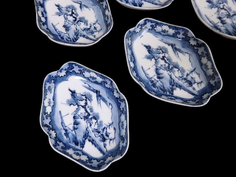 平戸　伊万里　染付　山水紋の図　菱形変形皿　５客　D272AS-fbqc