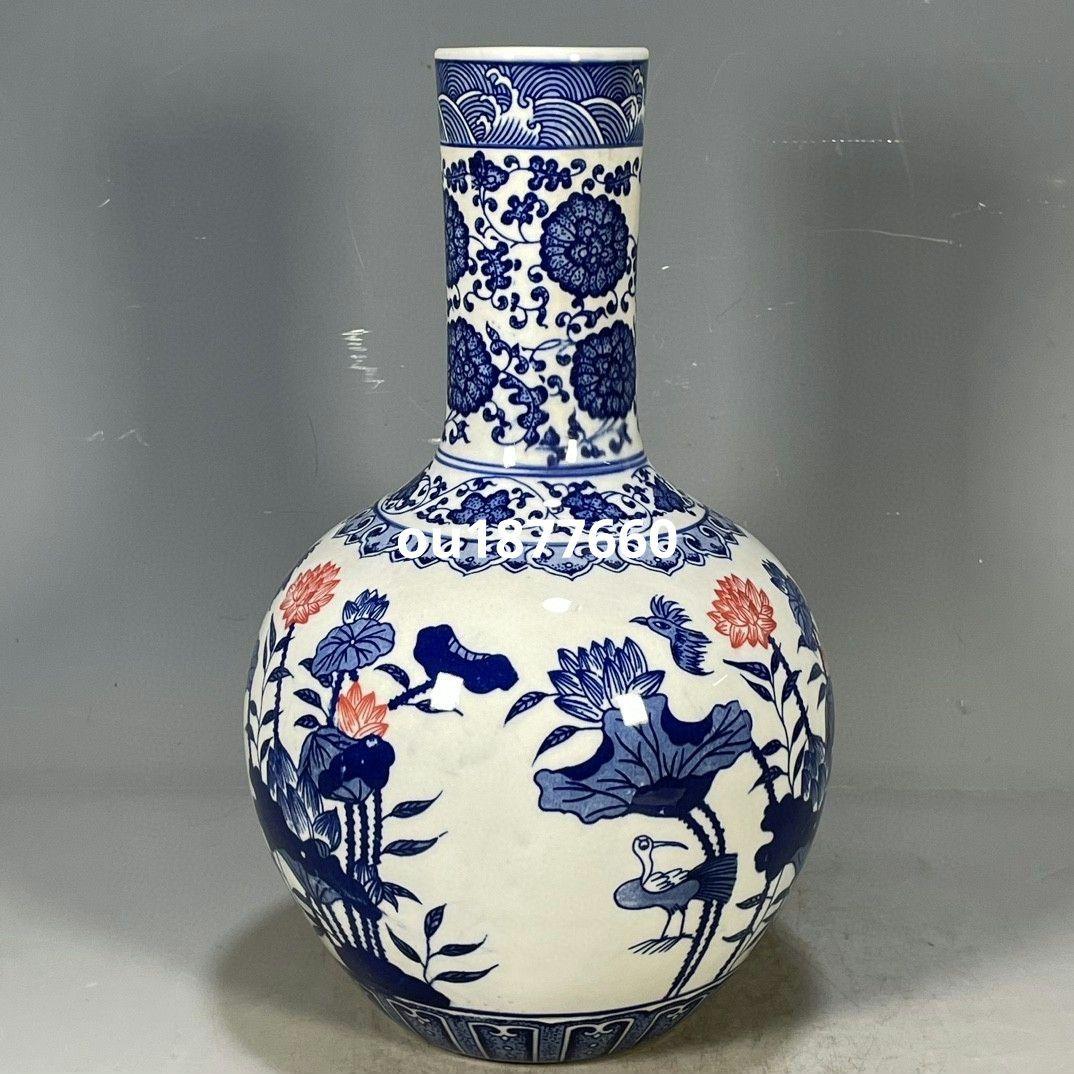 青釉に紅荷模様天球瓶 景徳鎮 陶磁器 装飾品 現代工芸品 美術品 置物