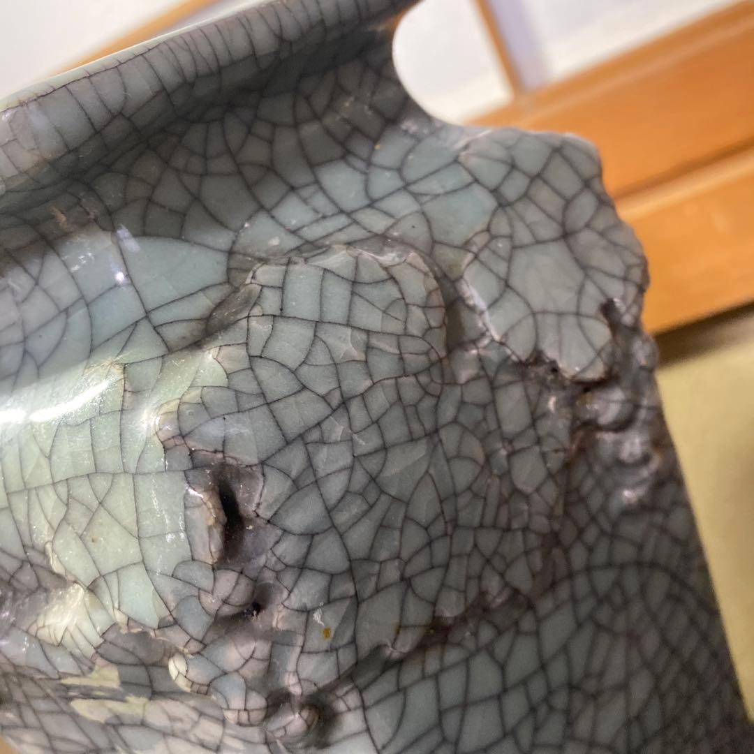 中国古玩 青磁山葡萄文面取花生 31cm13cm