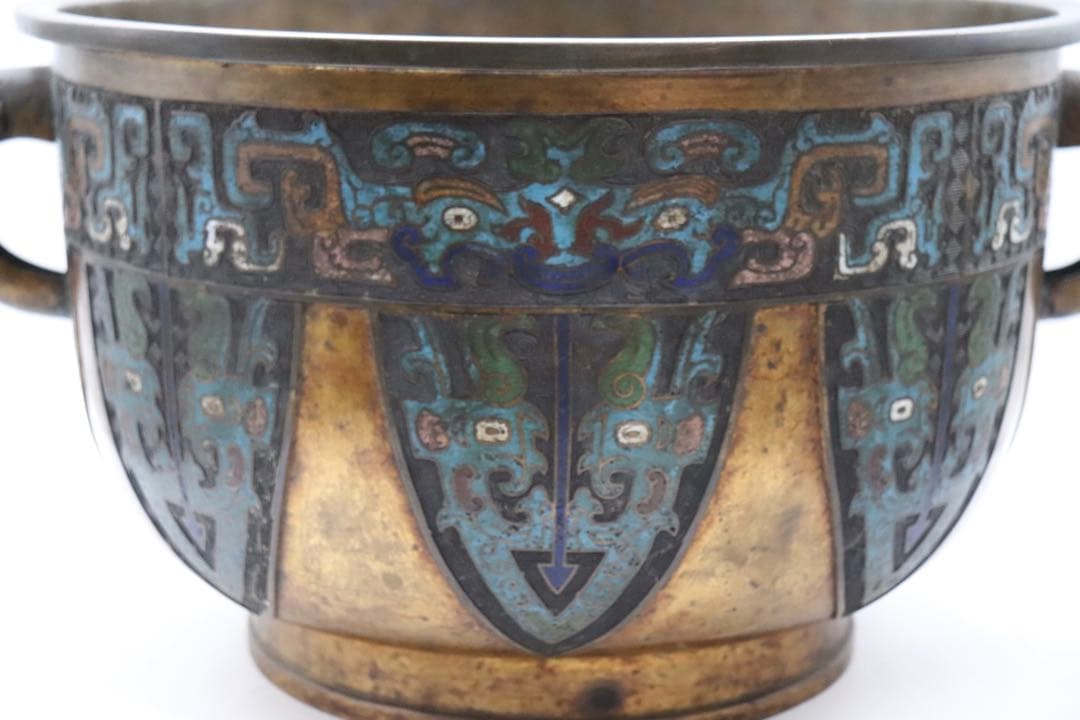 中国　七宝焼　渡金象耳葵龍紋簋　在銘　送料込み251217