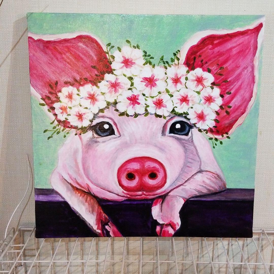 油絵　みーちゃん確認　頭に花をのせた豚 油絵 みーちゃん確認 頭に花をのせた豚 油絵 みーちゃん確認 頭に花を