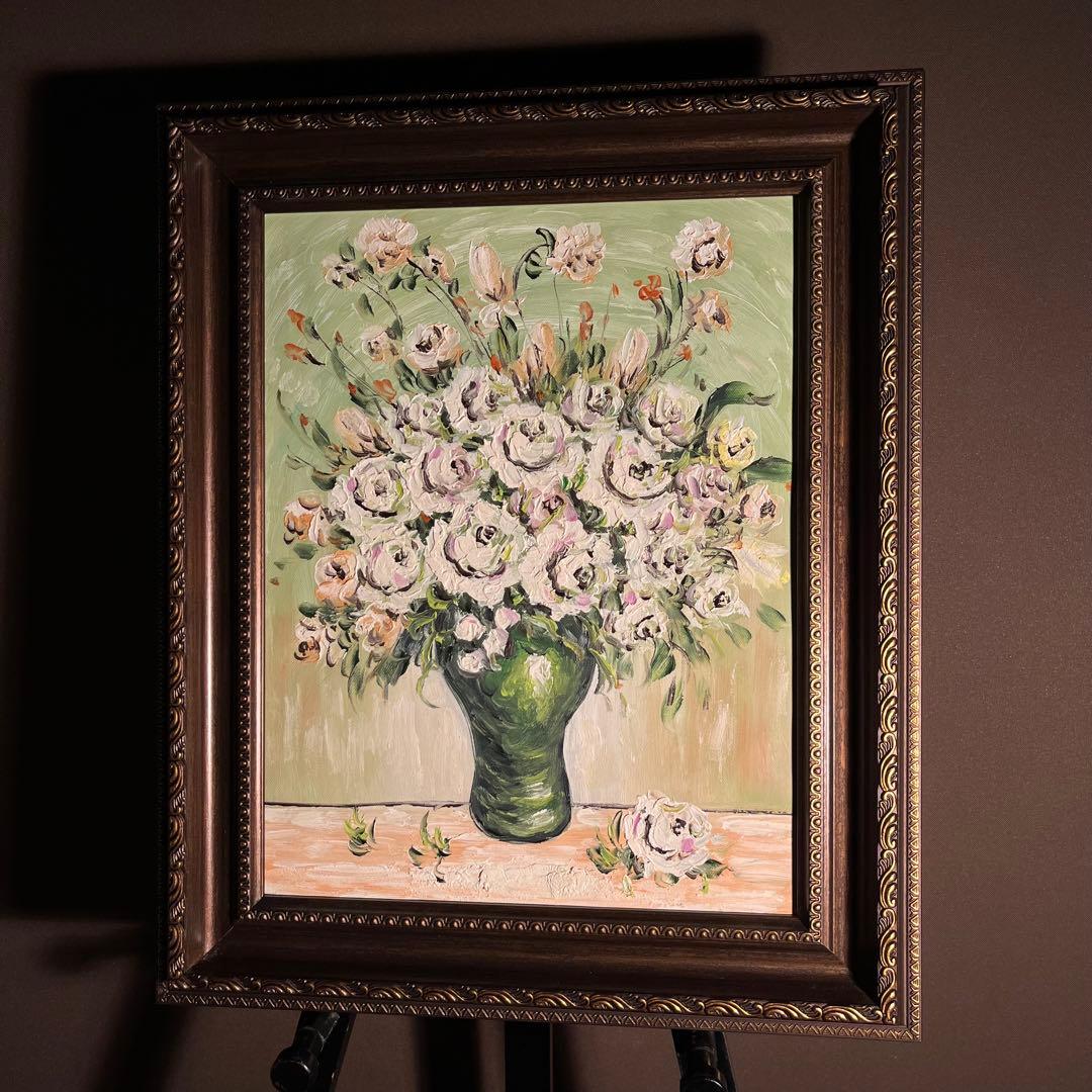 手書き油絵 ゴッホ 花瓶の薔薇 額付 肉筆絵画 インテリア 有名絵画 油彩画