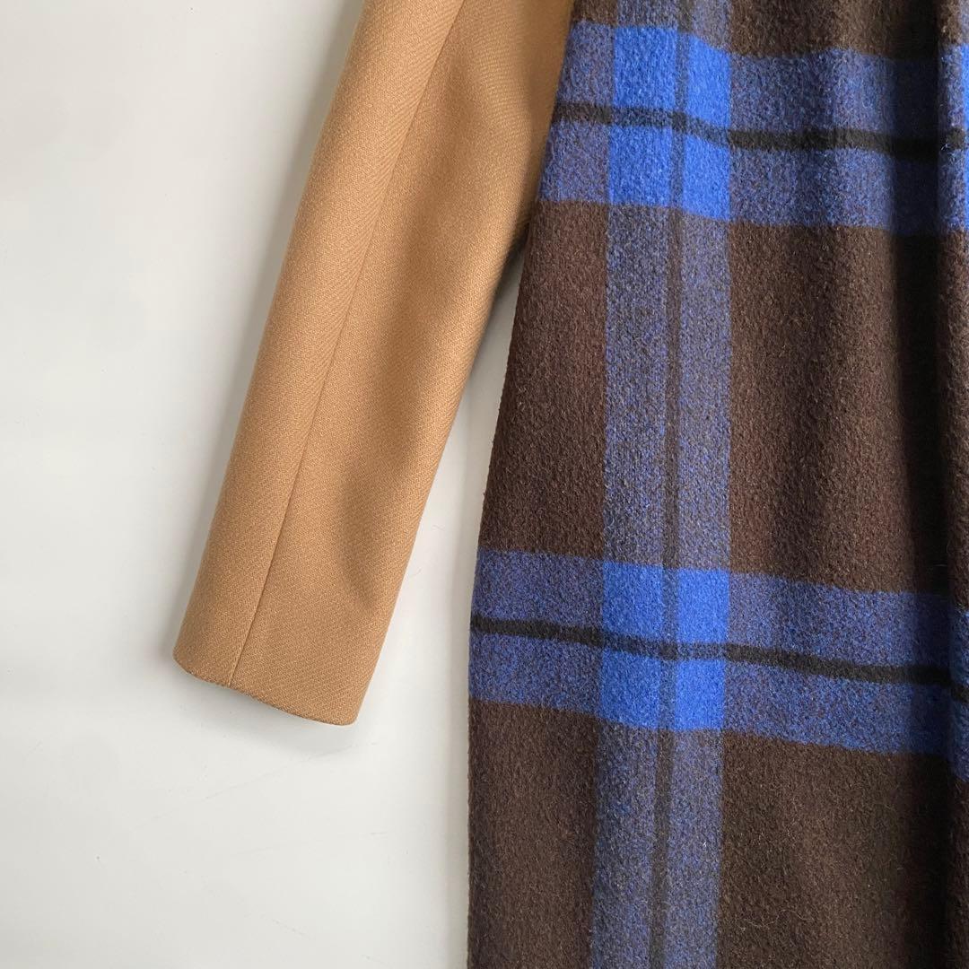 セミクチュール ダブルブレストチェスターコート チェック 青 ブルー