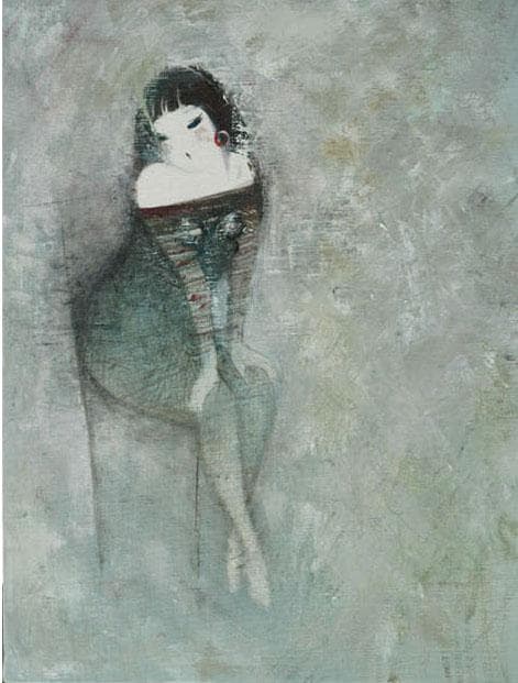 油絵 菅家令子 絵 絵画インテリア額付(青緑＋金色の枠) F6-081012女性