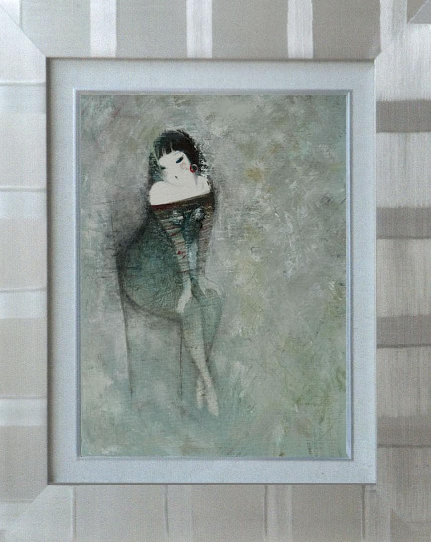 油絵 菅家令子 絵 絵画インテリア額付(青緑＋金色の枠) F6-081012女性
