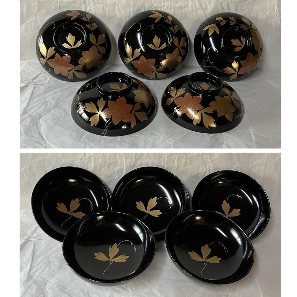 F1403 輪島塗 鉄仙蒔絵 吸物椀 五客 共箱 木製 漆器 懐石道具