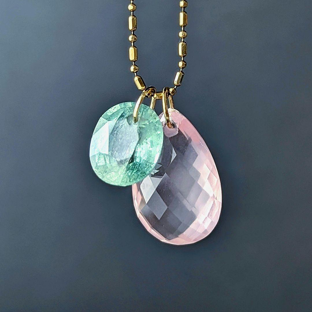 ♢N♢訳あり♢K18 グリーンベリル＆ローズクォーツ セットチャーム