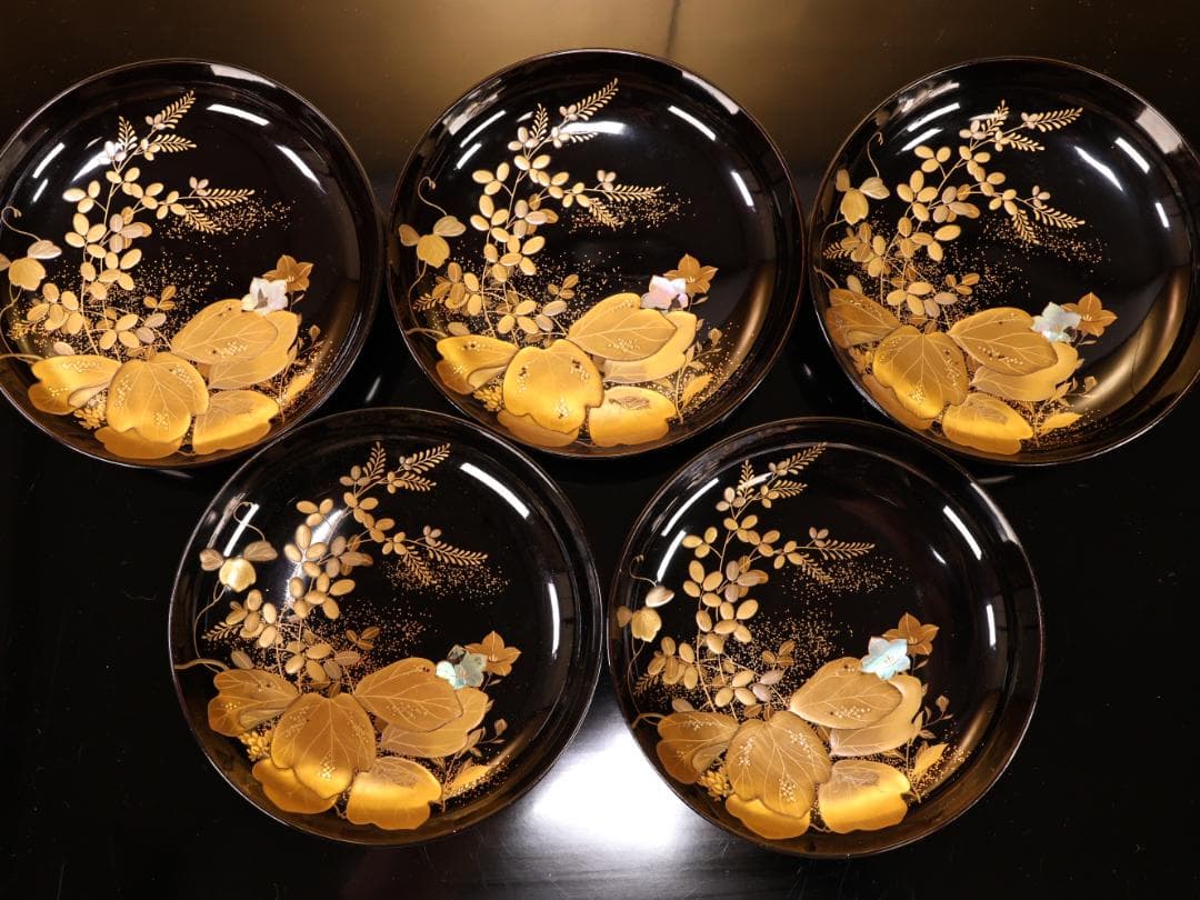 BK427 時代輪島塗 秋乃図金蒔絵 吸物椀 五客 木製 茶 懐石 菓子 螺鈿