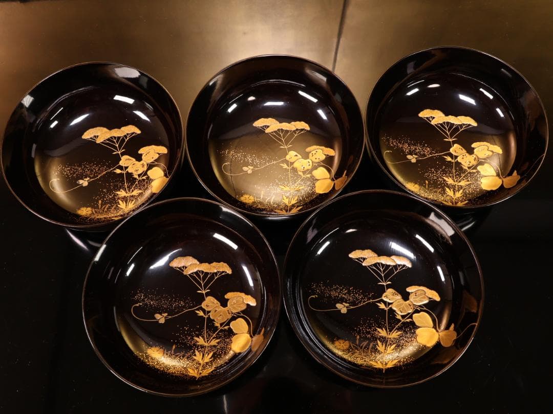 BK427 時代輪島塗 秋乃図金蒔絵 吸物椀 五客 木製 茶 懐石 菓子 螺鈿