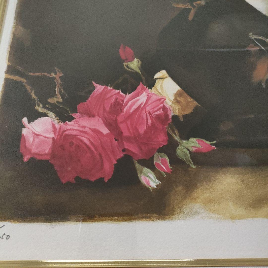 斎藤三郎 大判リトグラフ『薔薇』直筆サイン入、ウコン布&共箱付