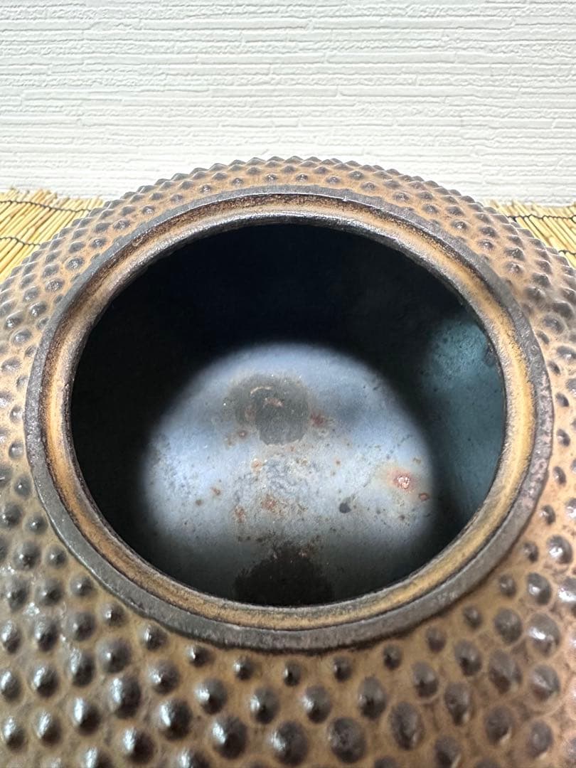 ほぼ未使用品　菊池保寿堂　菊池 正直造 斑紫銅蓋姥口中アラレ　南部鉄瓶　南部鉄器