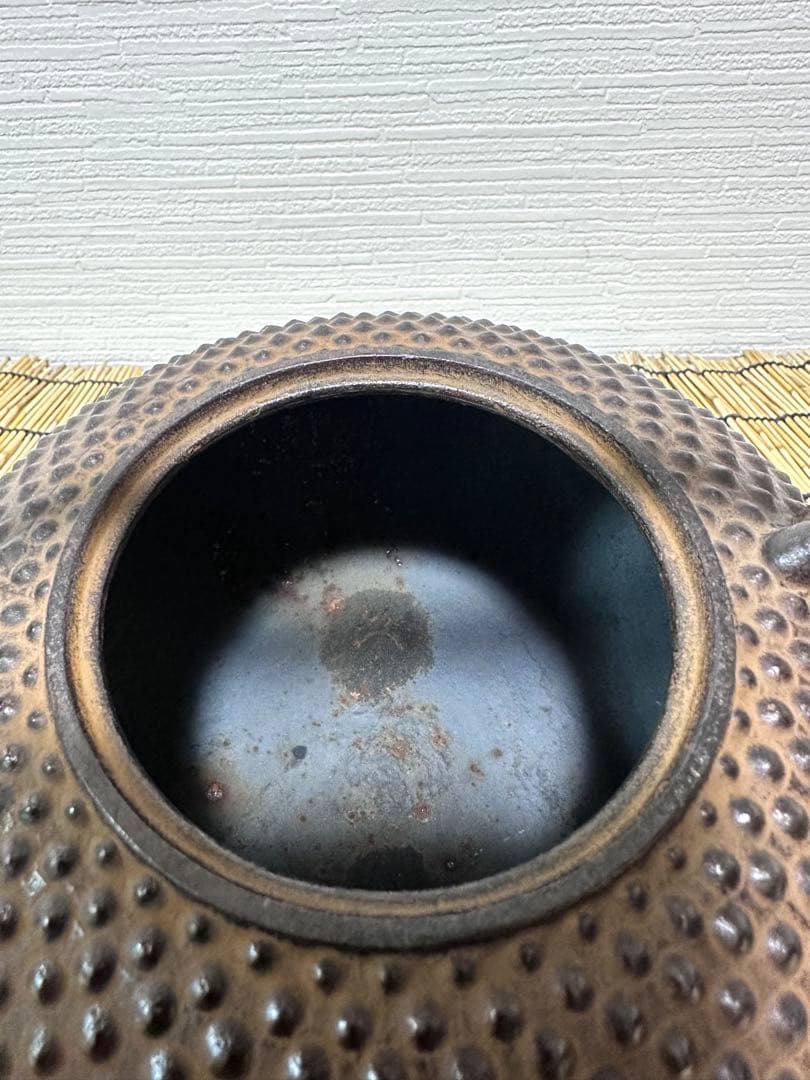 ほぼ未使用品　菊池保寿堂　菊池 正直造 斑紫銅蓋姥口中アラレ　南部鉄瓶　南部鉄器