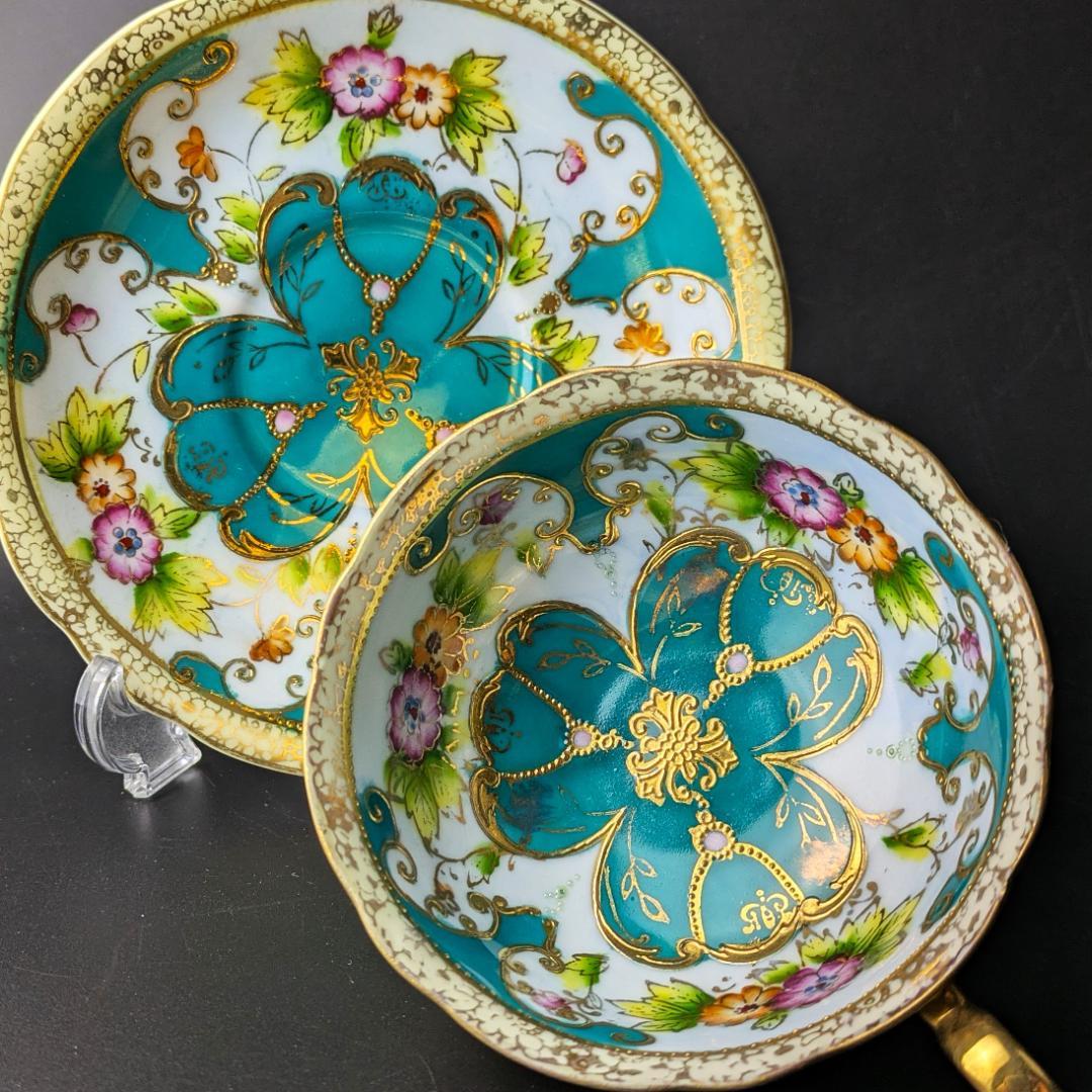 里帰り☆佐治貿易 金彩金盛上草華紋様 ターコイズ カップソーサー