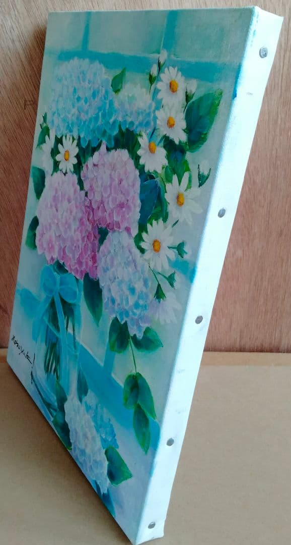 油絵 ガラス瓶に紫陽花 F４ 洋画家 池畠史幸 新作.肉筆画