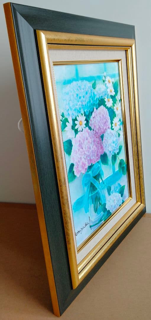 油絵 ガラス瓶に紫陽花 F４ 洋画家 池畠史幸 新作.肉筆画