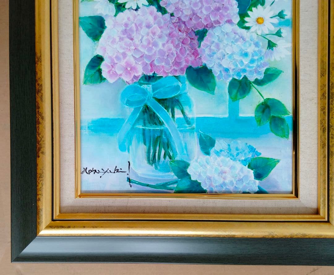 油絵 ガラス瓶に紫陽花 F４ 洋画家 池畠史幸 新作.肉筆画