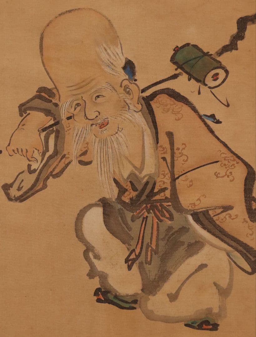 【模写】日本画 狩野素川(章信) 寿老人 山水 三幅対 絹本 掛軸 MA446