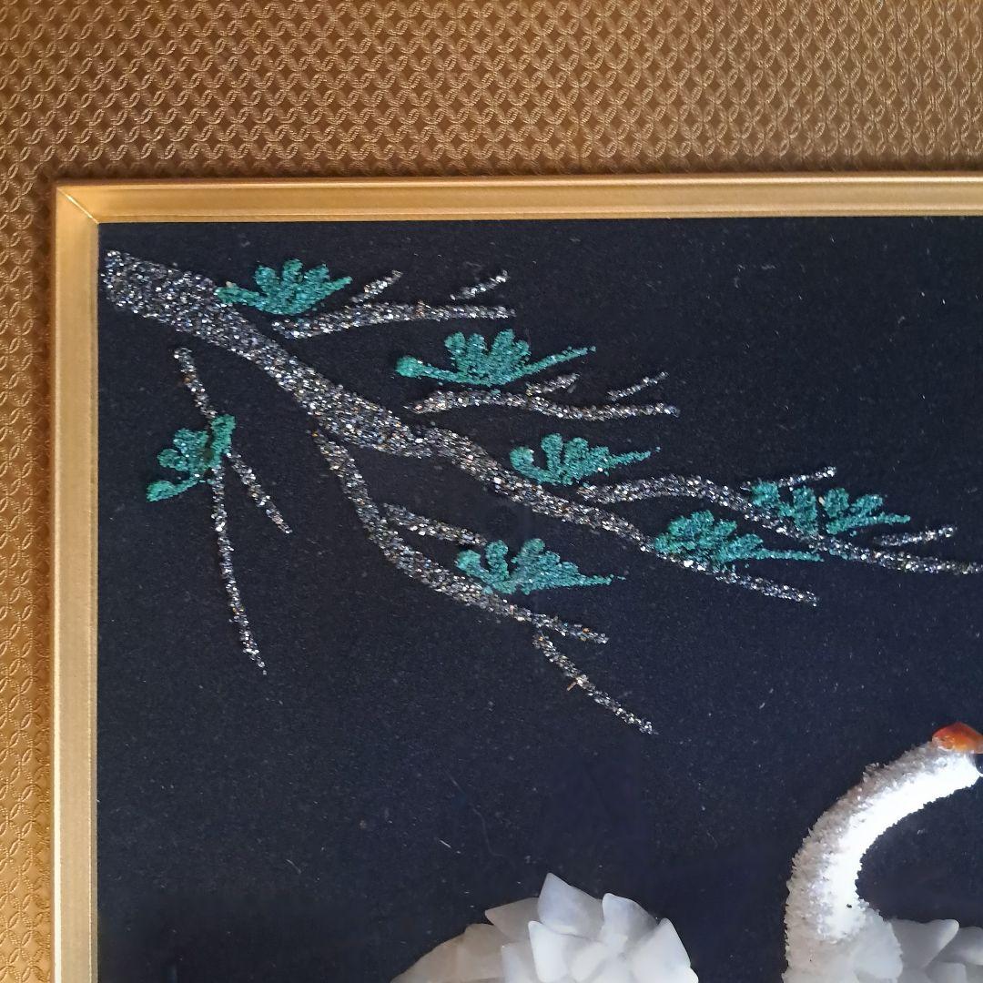 【伝統美術工芸】 貴石画 宝石画 夫婦鶴 縁起物 アンティーク フレーム付