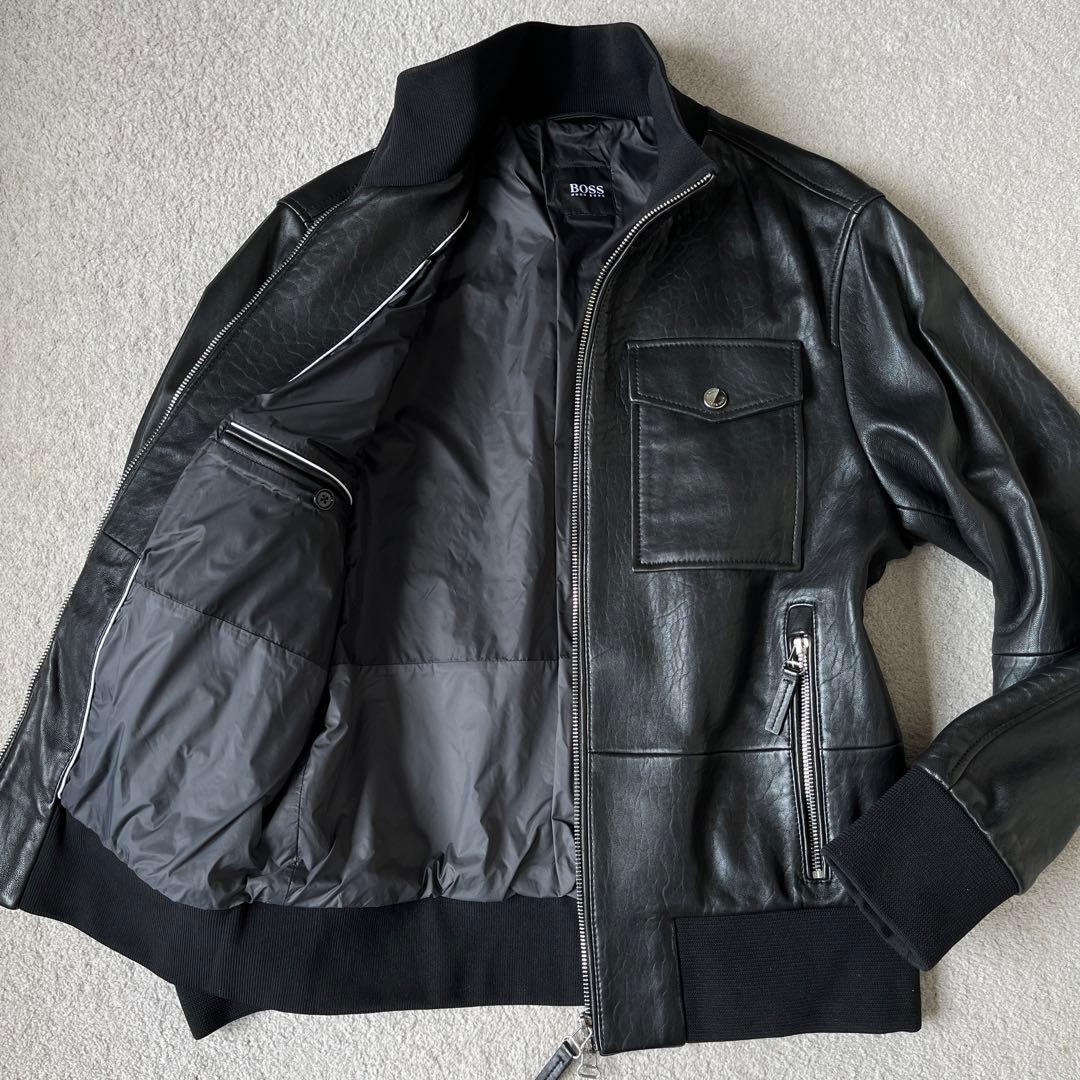 BOSS シングルライダースジャケット 黒 希少】ヒューゴボス レザー