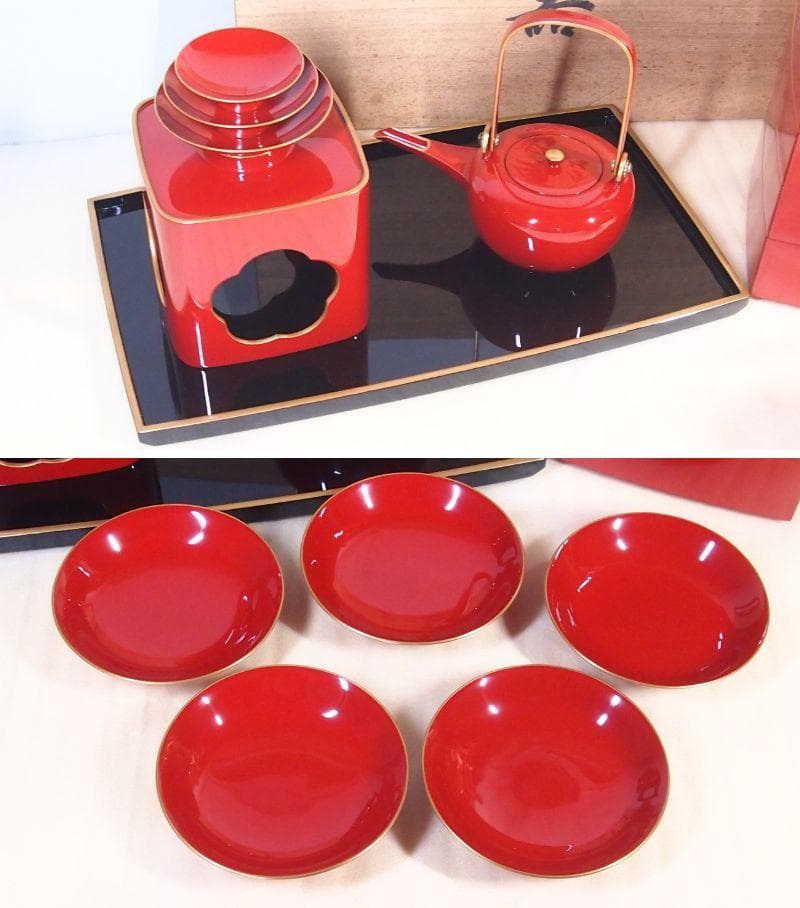 【極美品】輪島塗 わじま慶塚 朱塗金縁 屠蘇器 五つ揃/銘々皿/四段重箱 漆器