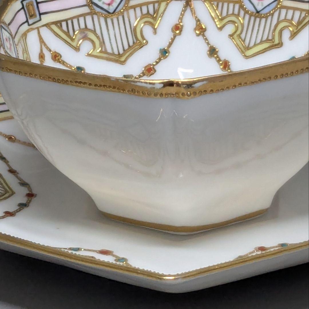 オールドノリタケ・金盛上陽刻薔薇柄 ガーランド装飾 ヘキサゴン