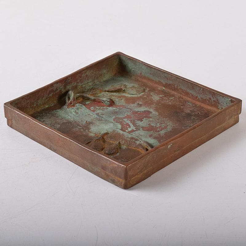 高岡銅器 須賀松園造 蝋型鋳銅 野菜文 四方皿 共布共箱