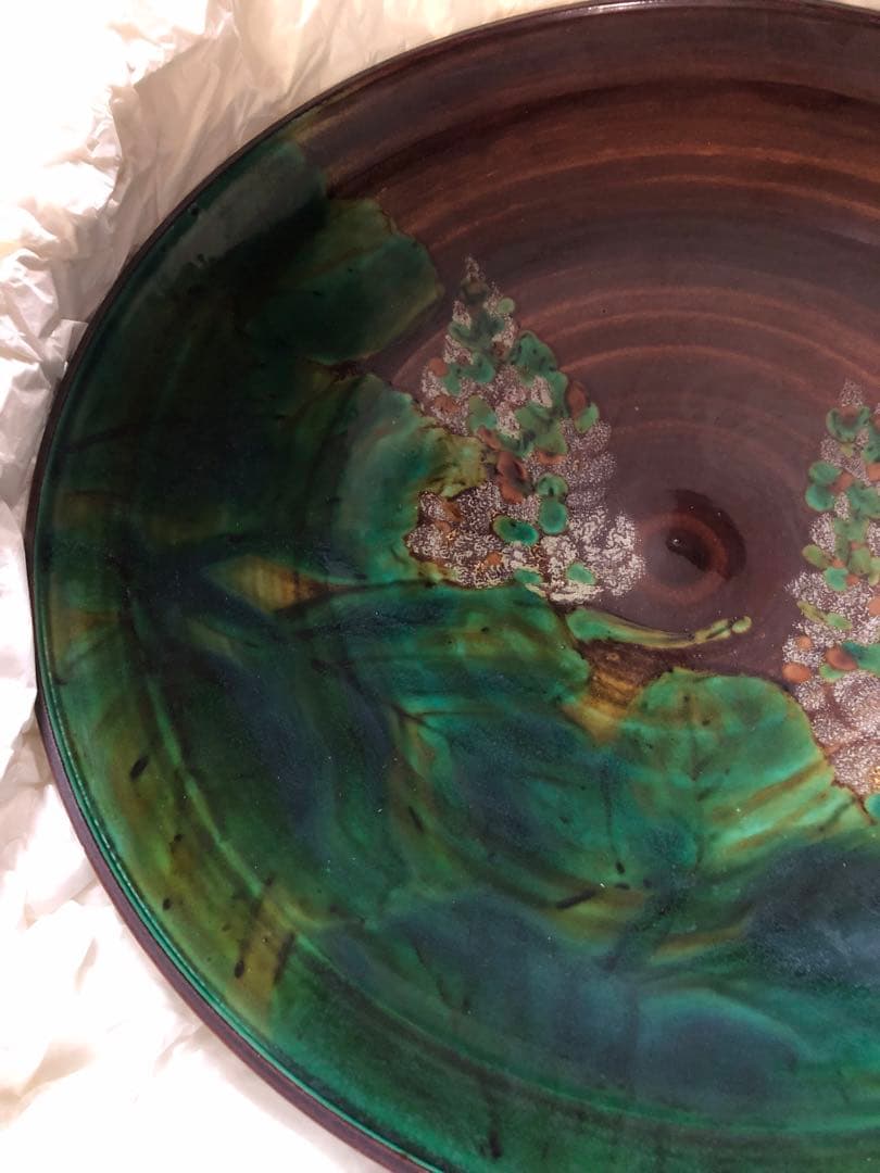 彩磁彩　野辺華　飾皿　浅蔵五十吉氏作　共箱入　37㎝