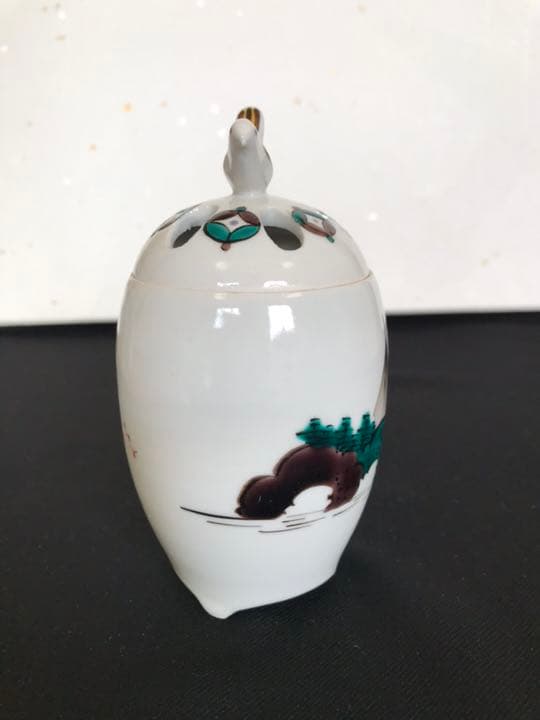 九谷の名工 三ツ井為吉作 色絵 十網図 香炉 K83 共箱 栞