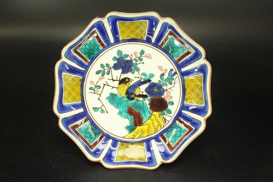 九谷焼 皿揃 色絵花鳥 八角皿 五枚 共箱(メ1538)