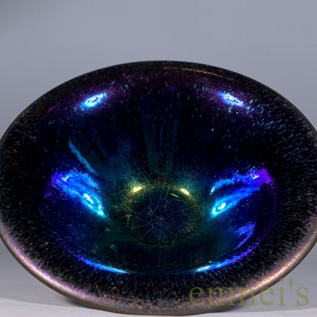 中国古美術・旧蔵宋建窯風・曜変七彩油滴天目茶碗・大