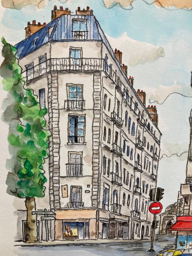 【真作保証】高橋文平「Paris」水彩原画 真筆 直筆サイン 額装品 絵画