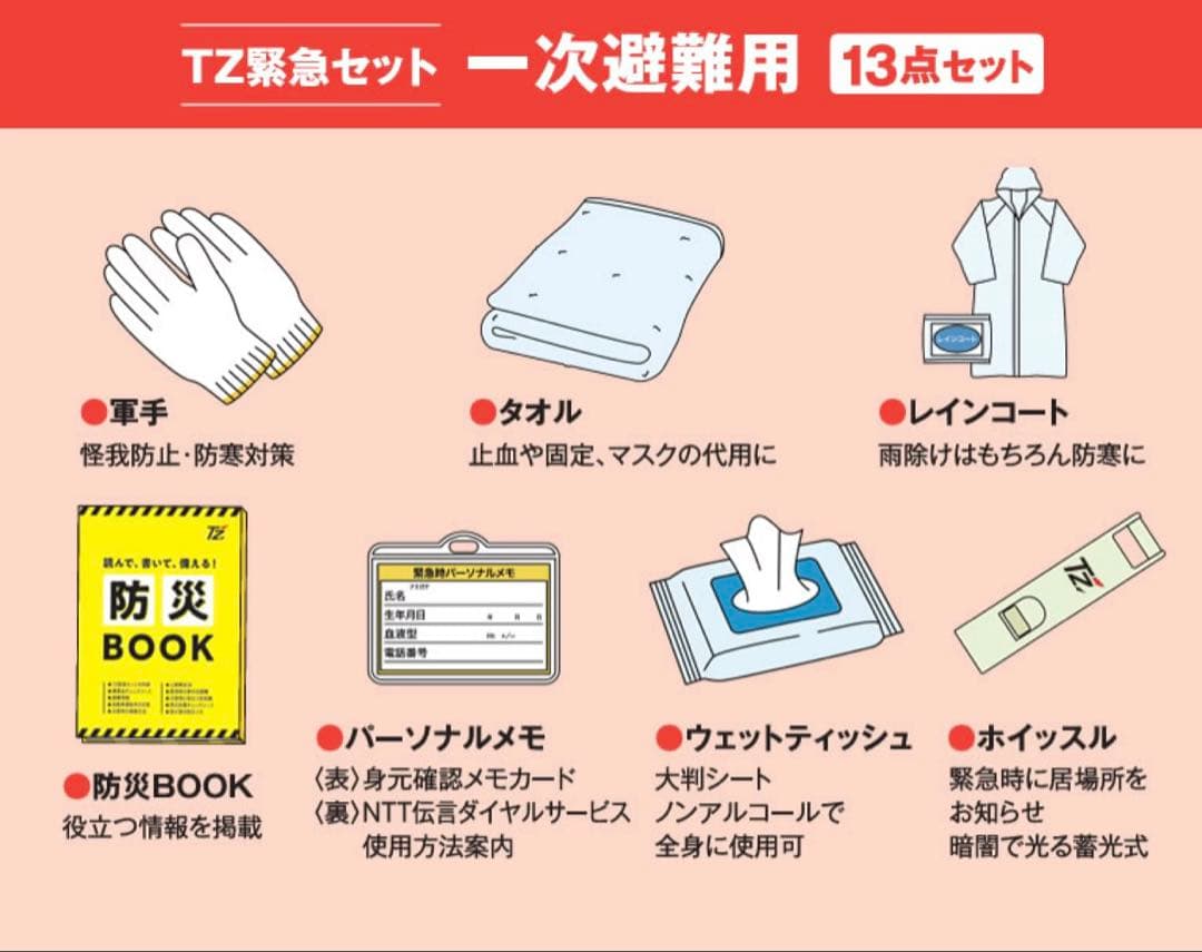 TZ緊急セット 一次避難用 13点セット トヨタ 防災グッズ